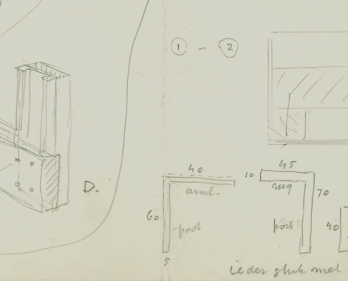 Nya Interieurontwerp kratstoel Gerrit Rietveld schets